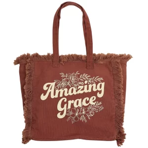 100% Cotton Women’s Brown Fringe Christian Tote “Amazing Grace” Bag