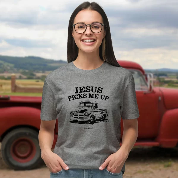 Cotton Women’s Christian Isaiah 40:31 Heather Grey “Jesus Picks Me Up” T-Shirt - Image 4