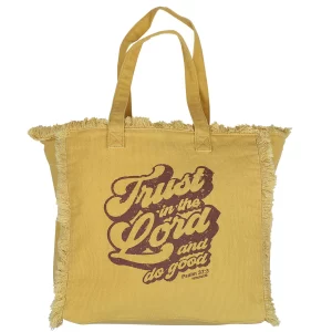 100% Cotton Women's Mustard Yellow Fringe Christian Tote "Trust In The Lord" Bag