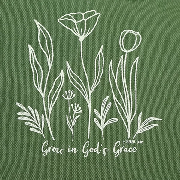 100% Cotton Women’s Green Fringe Christian Tote “Grow In God's Grace” Bag - Image 2