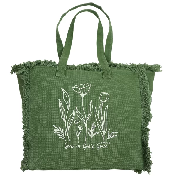 100% Cotton Women’s Green Fringe Christian Tote “Grow In God's Grace” Bag